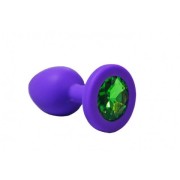 Анальная пробка из фиолетового силикона с зелёным кристаллом (размер S)